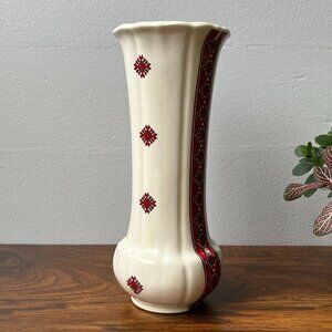 Ukrainian Folk Art Ceramic Vase Red & Black Cross-Stitch Pattern 1985